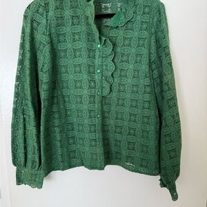 Sezane Green Puff Sleeve Blouse with Mandarin Collar